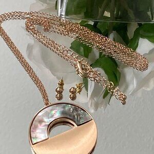 Circular artsy faux abalone pendant set 16"-19 " gold tone pierced earrings